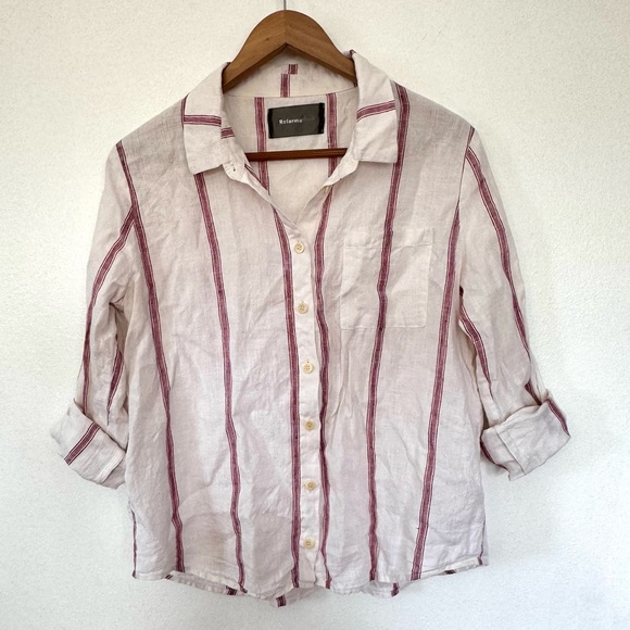 Reformation Relaxed Linen White and Red Striped Button Down Shirt Sz L - Picture 14 of 16